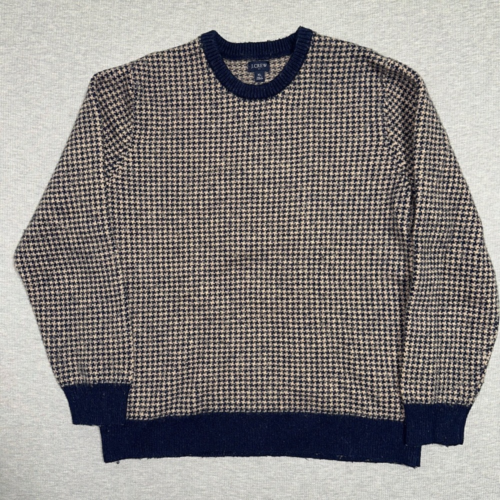 J.Crew Mens XL Houndstooth Lambswool Blend Crewneck Sweater Navy Blue BL171